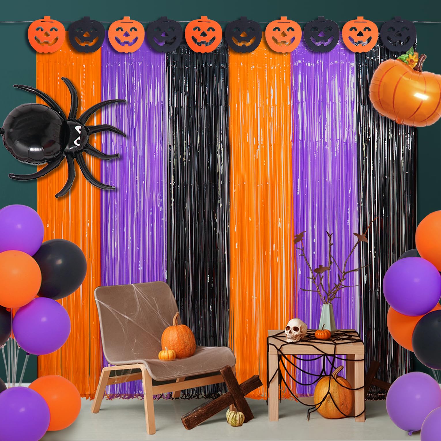 Halloween Party Decoration, 2 Pack Halloween Foil Fringe Curtains, Orange Purple Black Metallic Tinsel Foil Fringe Curtains Phot